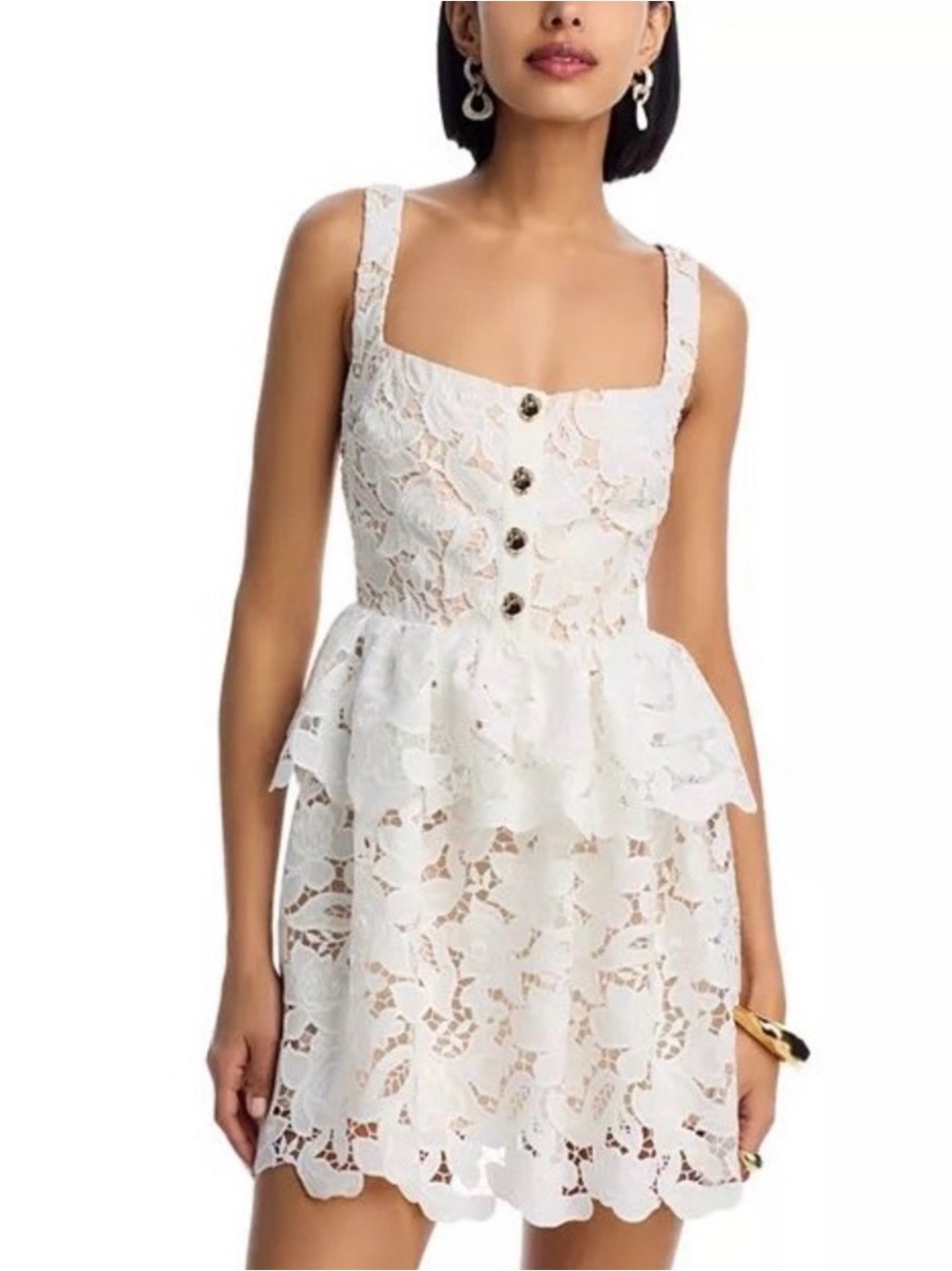Self Portrait White Lace Tiered Peplum Mini Dress Gold Buttons Dainty P13